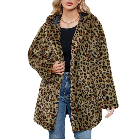 Xyxonk Womens Long Faux Fur Coats Leopard Fuzzy Fleece Jackets Open Front Long Sleeves Fluffy Cardigan Fall Trendy Lapel Collar Furry Trench Coat with Pocket,Green S