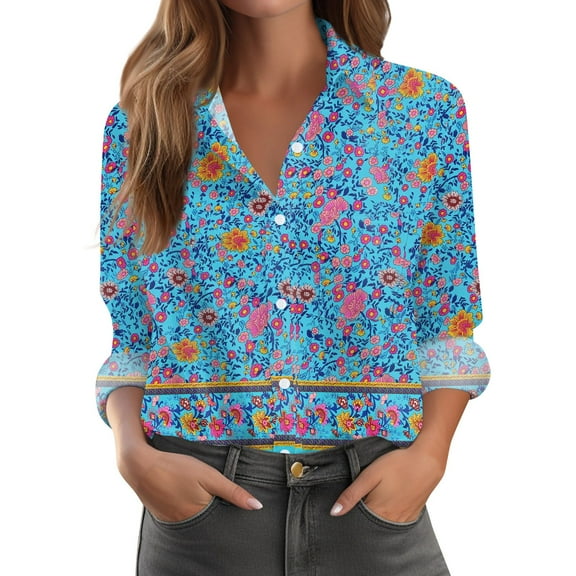Xyxonk Womens Long Sleeve Shirts 2025 V Neck Pleated Shirt Dressy Casual Button Down Blouses with Pockets Loose Fit Fall Fashion Floral Print Clothes Sky Blue L