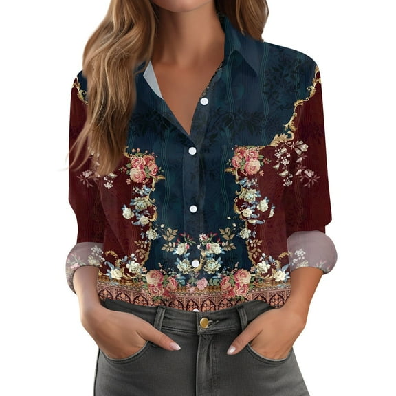 Xyxonk Womens Long Sleeve Shirts 2025 V-Neck Pleated Shirt Dressy Casual Button Down Blouses with Pockets Loose Fit Fall Trendy Floral Print Clothes Navy M