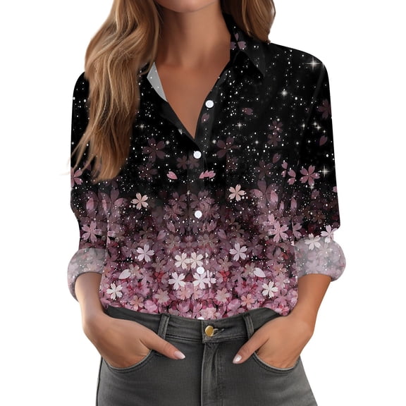 Xyxonk Womens Long Sleeve Tops 2025 V Neck Pleated Shirts Dressy Casual Button Down Blouses with Pockets Loose Fit Summer Fashion Floral Print Clothing Pink M