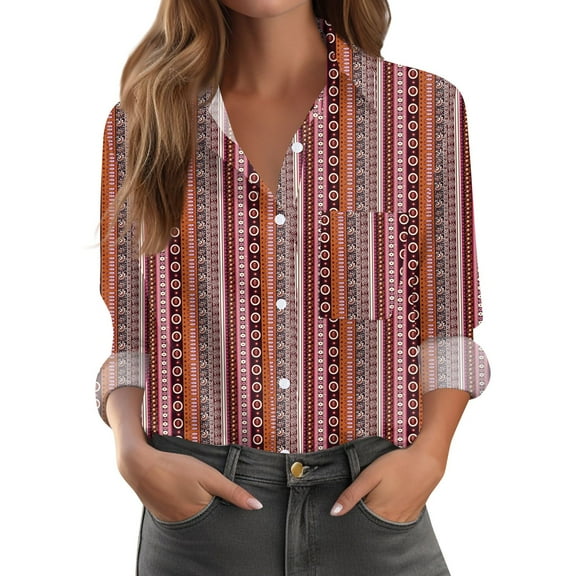 Xyxonk Womens Long Sleeve Tops 2025 V Neck Pleated Shirts Dressy Casual Button Down Tees with Pockets Loose Fit Fall Trendy Floral Print Clothes Light pink M