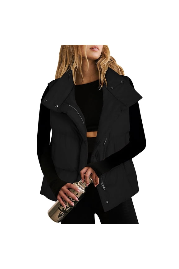 Womens Oversized Puffer Vest Stand Collar Full Zip Sleeveless Bubble Puffer Vest Quilted Padded Warm Coat Outwear,Black XL