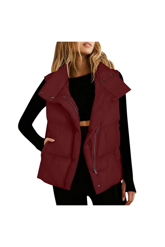 Womens Oversized Puffer Vest Stand Collar Full Zip Sleeveless Bubble Puffer Vest Quilted Padded Warm Coat Outwear,Deep Red L