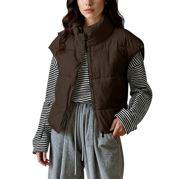 Xyxonk Womens Oversized Puffer Vest Stand Collar Full Zip Sleeveless Bubble Puffer Vest Quilted Padded Warm Coat Outwear,Khaki M