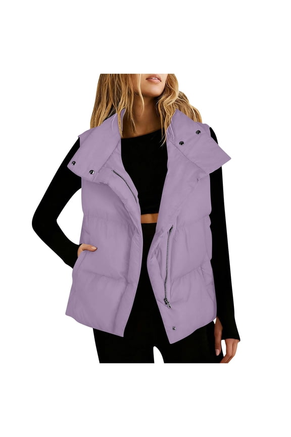 Womens Oversized Puffer Vest Stand Collar Full Zip Sleeveless Bubble Puffer Vest Quilted Padded Warm Coat Outwear,Light Purple S
