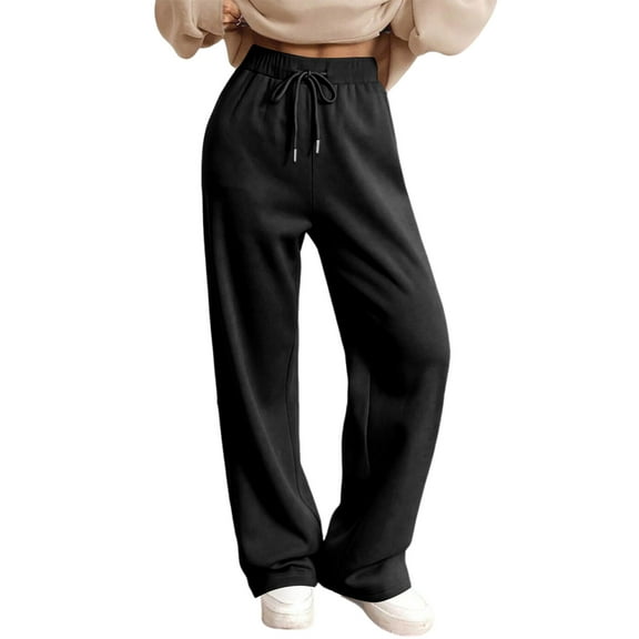 Xyxonk Womens Pants High Waisted Drawstring Wide Leg Sweat Pants with Pockets Lightweight Elastic Waist Travel Pant Warm Thermal Solid Color Fall Trouser,Black 2XL