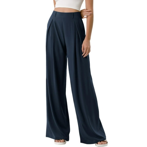 Xyxonk Womens Pants High Waisted Wide Leg Pants with Pockets Blue Loose Long Casual Trouser Trendy Comfy Women's Slacks Navy 5XL