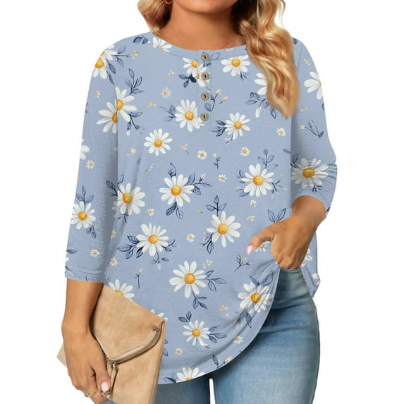 Xyxonk Womens Plus Size Fall Tops 4x-5x Sexy Long Sleeve Tunic Tops Floral Graphic T-Shirt Crew Neck Tshirts Loose Fit Casual Fall Clothes Blue L