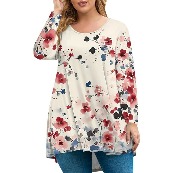 Xyxonk Womens Plus Size Fall Tops Dressy Fall Crew Neck Tunic Shirts Floral Print T-Shirt Long Sleeve Tee Shirt Tops Loose Casual Womens Clothing Red 3XL