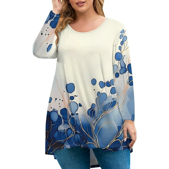 Xyxonk Womens Plus Size Fall Tops Fall Tunic Tops Crew Neck Plus Size Top 2x Long Sleeves Floral Print Dressy Casual Tunics Loose Fit Womens Clothing Dark Blue XL