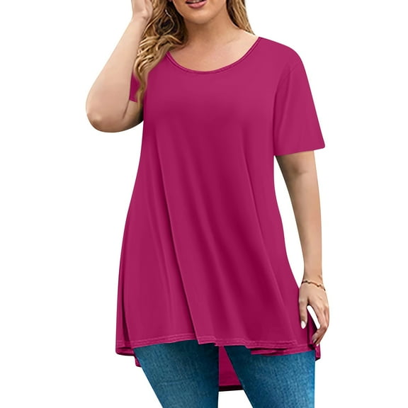 Xyxonk Womens Plus Size Spring Summer Tops 4x-5x Trendy Crew Neck T Shirts Basic Solid Color Graphic T-Shirt Short Sleeve Tunics Shirts Loose Casual Trendy Tunics Purple 5XL