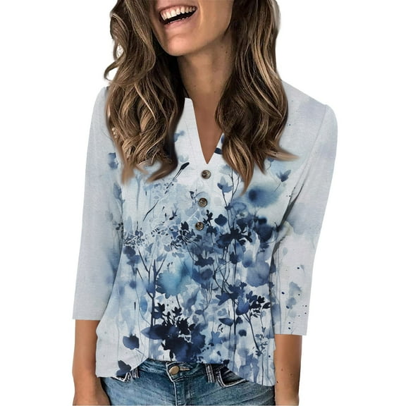 Xyxonk Womens Plus Size Tops 3/4 Sleeve 2025 Retro Floral Print Button Down Blouses Dressy Casual V Neck Tops Winter Loose Fit T Shirts S-3XL