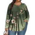 thumbnail image 1 of Xyxonk Womens Plus Size Tops Long Sleeve Loose Fit Shirt Crew Neck Pleated Vintage Floral Print Blouses Dressy Casual Winter Outfits Dark Green 1X-5X, 1 of 5