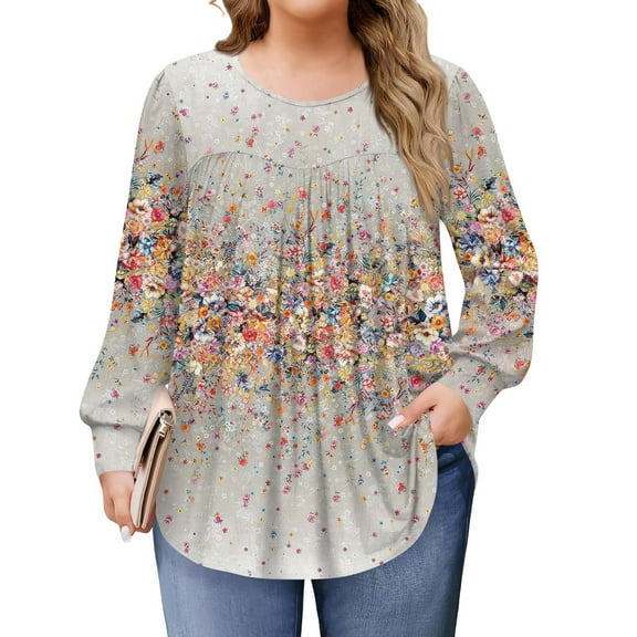 Xyxonk Womens Plus Size Tops Long Sleeve Loose Fit Shirts Round Neck Pleated Vintage Floral Print Blouses Dressy Casual Fall Clothes L-5X