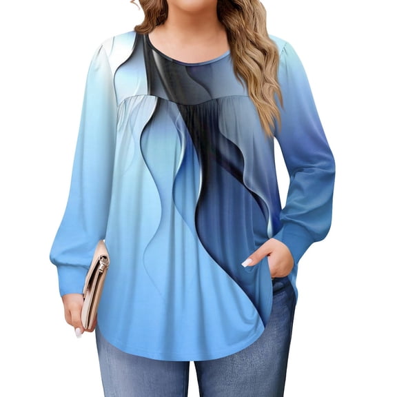Xyxonk Womens Plus Size Tops Long Sleeve Shirts Pleated Crew Neck Loose Fit Blouses Winter Business Geometric Print Outfits L-5X