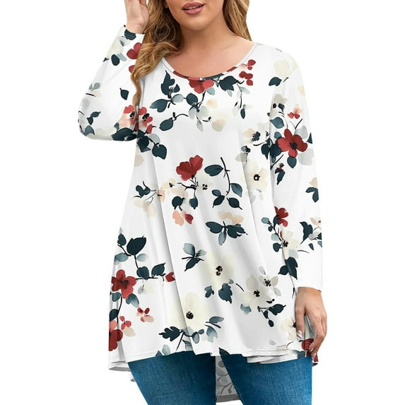 Xyxonk Womens Plus Size Tops Loose Fit Casual Cute Tees Crew Neck Long Sleeve Floral Graphic T-Shirt Fall Tunic Tops White 5XL