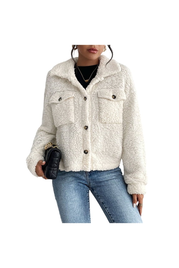 Womens Sherpa Jacket Button Down Fuzzy Fleece Jacket Long Sleeve Thickened Coat with Pocket Winter Fashion Lapel Outwear,White L