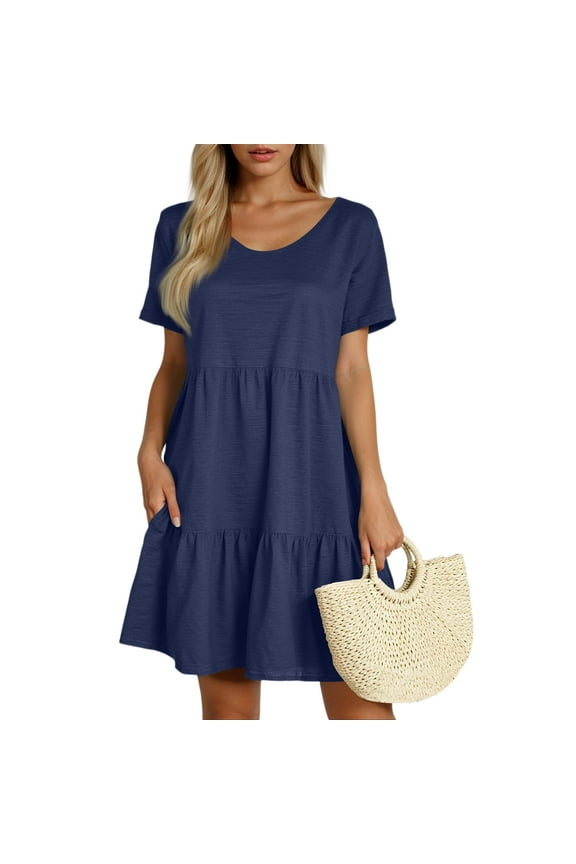 Womens Spring Summer Dresses Short Sleeve Flowy Swing Dress Baby Doll Solid Color Crewneck Mini Dress Sundress Navy L