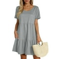 thumbnail image 1 of Xyxonk Dresses for Women Short Sleeve Flowy Swing Dress 2025 Trendy Solid Color Crewneck Beach Vocation Dresses Light Gray XL, 1 of 4