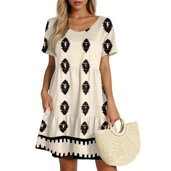 Xyxonk Womens Spring Summer Dresses Short Sleeve Flowy Swing Tunic Dresses Baby Doll Bohemian Crewneck Beach Vocation Dresses Beige S