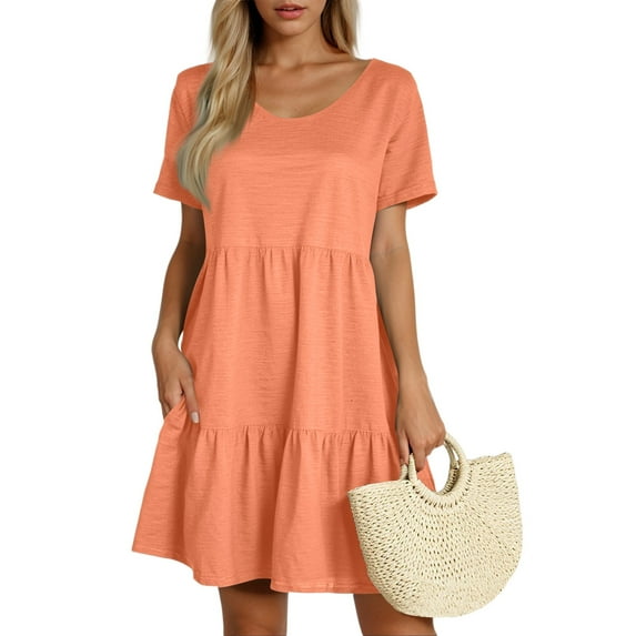 Xyxonk Womens Spring Summer Dresses Short Sleeve Flowy Swing Tunic Dresses Babydoll Elegant Solid Color Crewneck Mini Short Tunic Dress Orange S