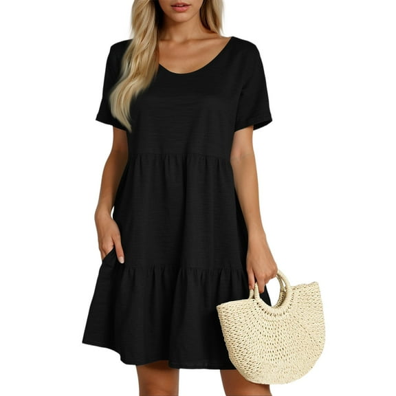 Xyxonk Womens Summer Dresses Short Sleeve Flowy Swing Tunic Dresses Cute Casual Solid Color Crewneck Beach Dresses Black M