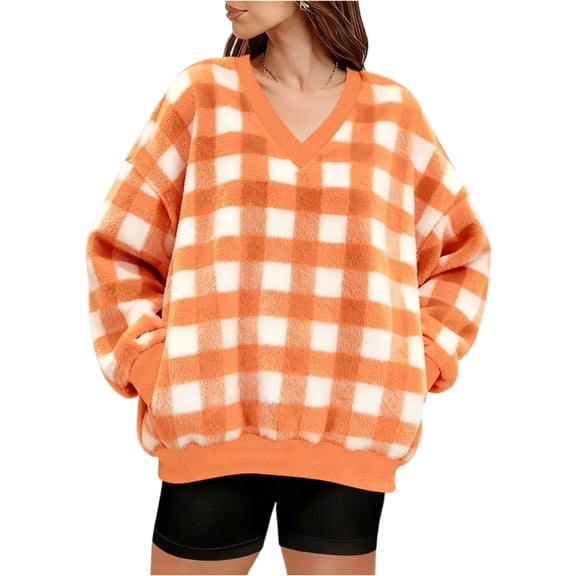 Xyxonk Womens Sweatshirt Double Fluffy Sherpa Fuzzy Fleece Pullover Long Sleeve Trendy V Neck Tops with Pockets Fall Soft Cute Checkered Print Outfit,Orange XL