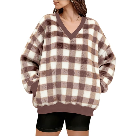 Xyxonk Womens Sweatshirt Soft Fleece Pullover Tunics Fall V Neck Long Sleeve Fuzzy Velvet Sweatshirts with Pocket checkered Print Clothing,Brown 3XL