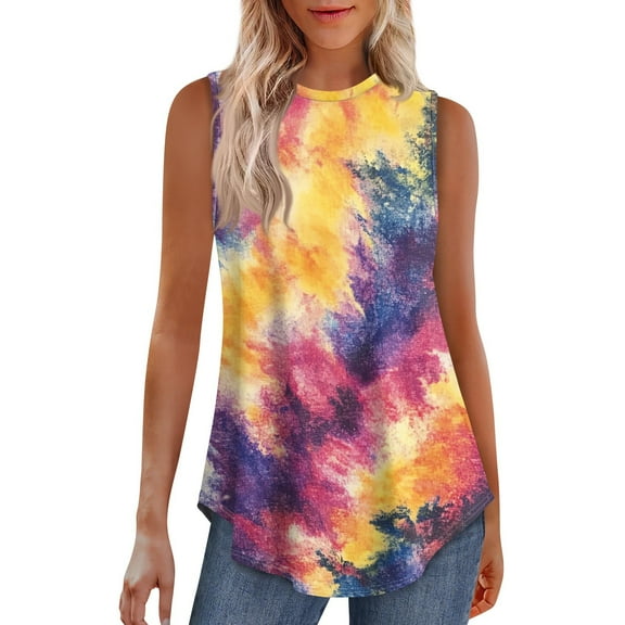 Xyxonk Womens Tank Tops Plus Size Casual Flowy Round Neck Tank Tops Tunic Tie Dye Print Sleeveless Summer Shirts Plus Size Spring Clothes Saffron XL