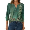 thumbnail image 1 of Xyxonk Womens Tops 3/4 Sleeve 2025 Floral Print Blouses Dressy Casual V Neck Button Tops Summer Trendy Shirts Dark Green 2XL, 1 of 7