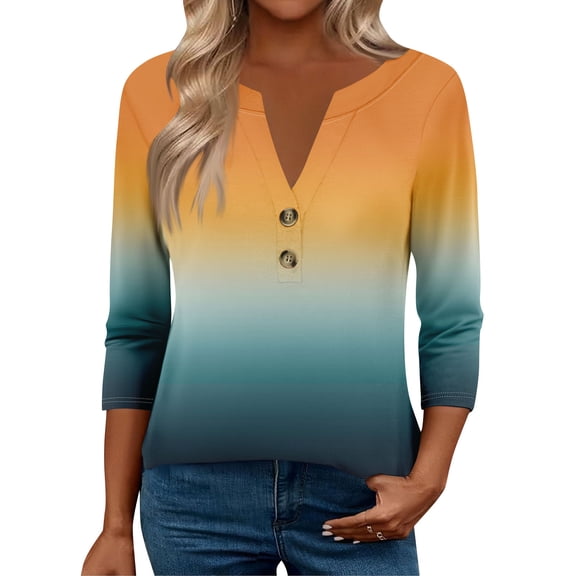 Xyxonk Womens Tops 3/4 Sleeve 2025 Retro Floral Print Button Down Blouses Dressy Casual V Neck Henley Tops Fall Fashion Shirts S-2XL