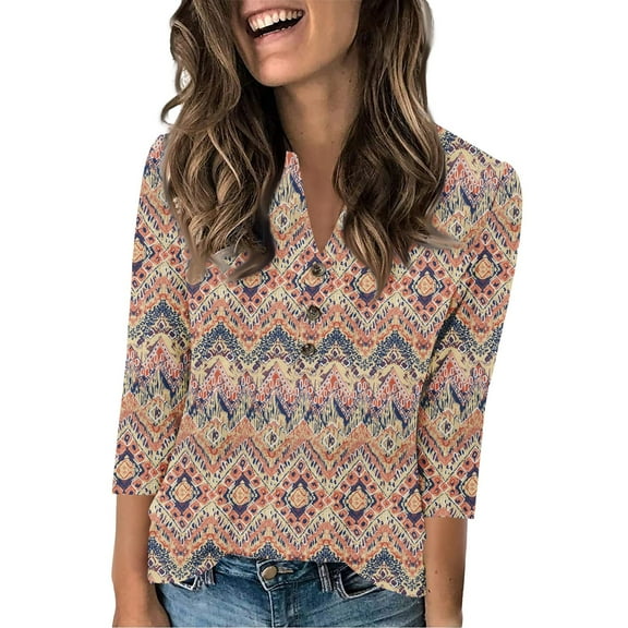 Xyxonk Womens Tops 3/4 Sleeve 2025 Retro Floral Print Button Down Blouses Dressy Casual V Neck Tops Winter Fashion Shirt S-3XL