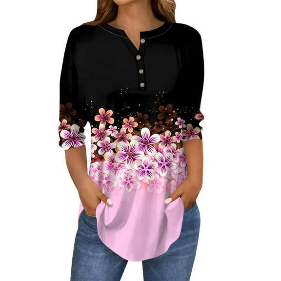 Xyxonk Womens Tops 3/4 Sleeve Casual Vintage Floral Printed Shirt Oversized V Neck Tunic Tops Fall Three Quarter Length T Shirts Clothes Cute Clothes,Pink 2XL