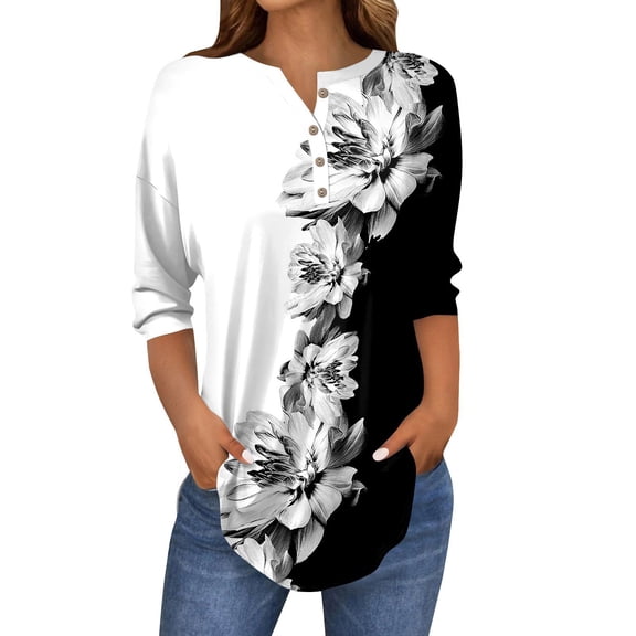 Xyxonk Womens Tops 3/4 Sleeve Casual Vintage Floral Printed Shirt Oversized V Neck Tunic Tops Fall Three Quarter Length T Shirts Clothes Cute Clothes,White 2XL