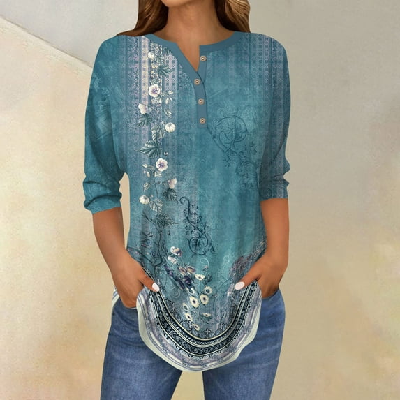 Xyxonk Women's Tops 3/4 Sleeve Casual Vintage Floral Printed Shirt Loose V-Neck Tunic Tops Summer Three Quarter Length T-Shirt Clothes Petite Tops for Women Blue 3XL