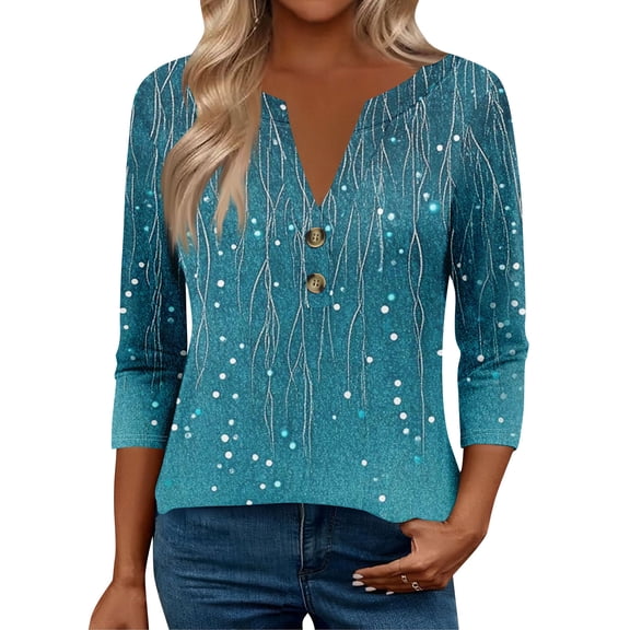 Xyxonk Womens Tops 3/4 Sleeve Dressy Casual Shirt Winter V-neck Henley Tops 2025 Work Retro Floral Print Button Down Blouses S-2XL