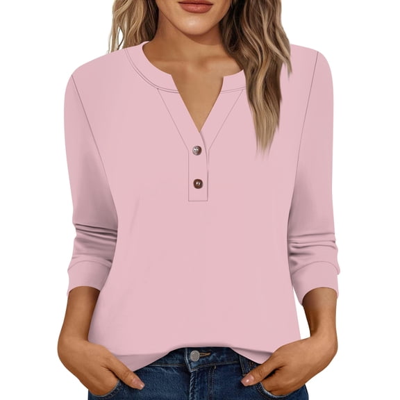 Xyxonk Womens Tops 3/4 Sleeve Dressy Casual V Neck Henley Shirt Sexy Solid Color Blouses Fall Trendy Outfits Pink S