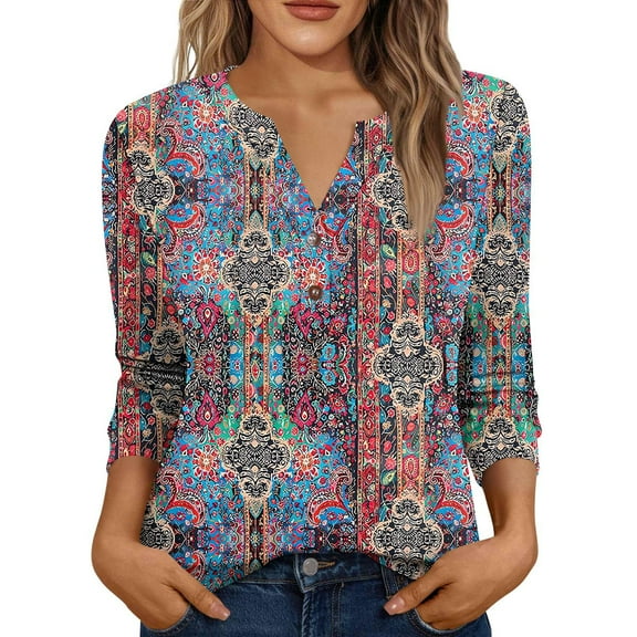 Xyxonk Womens Tops 3/4 Sleeve Dressy Casual V-Neck Henley Shirts Sexy Retro Print Blouse Fall Fashion Clothing Dark Gray S