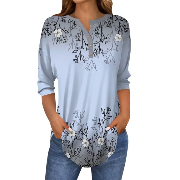 Xyxonk Womens Tops 3/4 Sleeve Trendy Floral Printed Shirt Oversized Button Down Tunic Top Fall Three Quarter Length Sleeve T Shirt Clothing Women's Blouses,Light Blue S