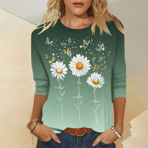 Xyxonk Womens Tops 3/4 Sleeve Trendy Vintage Sunflower Printed Shirts Oversized Crew Neck Tunic Top Summer Three Quarter Length T-Shirt Clothing Ladies Tops and Blouses Green 3XL