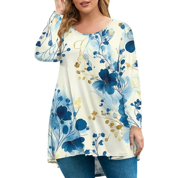Xyxonk Womens Tops Plus Size 4x-5x Sexy Long Sleeve Tunics Shirts Floral Graphic Tees Crew Neck T Shirts Loose Fit Casual Tunic Tops Blue L