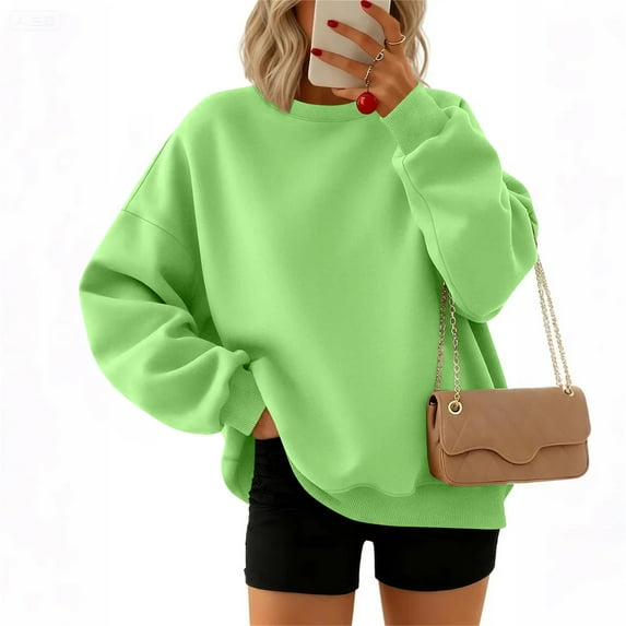 Xyxonk Womens V Neck Oversized Sweatshirts Cute Drop Shoulder Pullover Tops Fall Long Sleeve Street Hoodies with Pockets Solid Color Clothing,Fluorescent Green XL