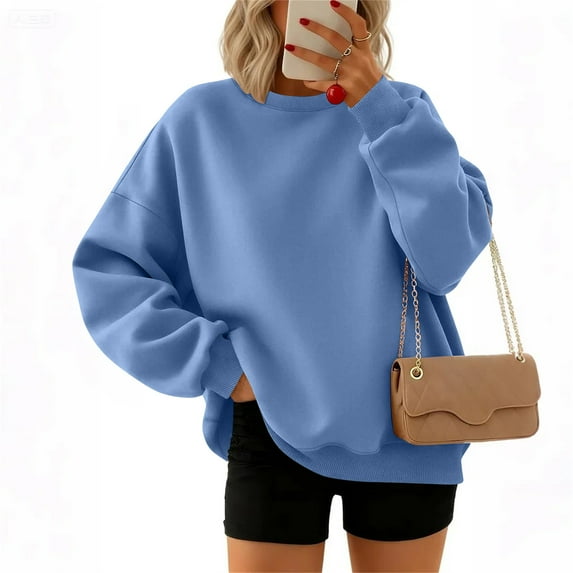 Xyxonk Womens V Neck Oversized Sweatshirts Cute Drop Shoulder Pullover Tunics Fall Winter Long Sleeve Street Hoodies with Pocket Solid Color Outfit,Sky Blue XL