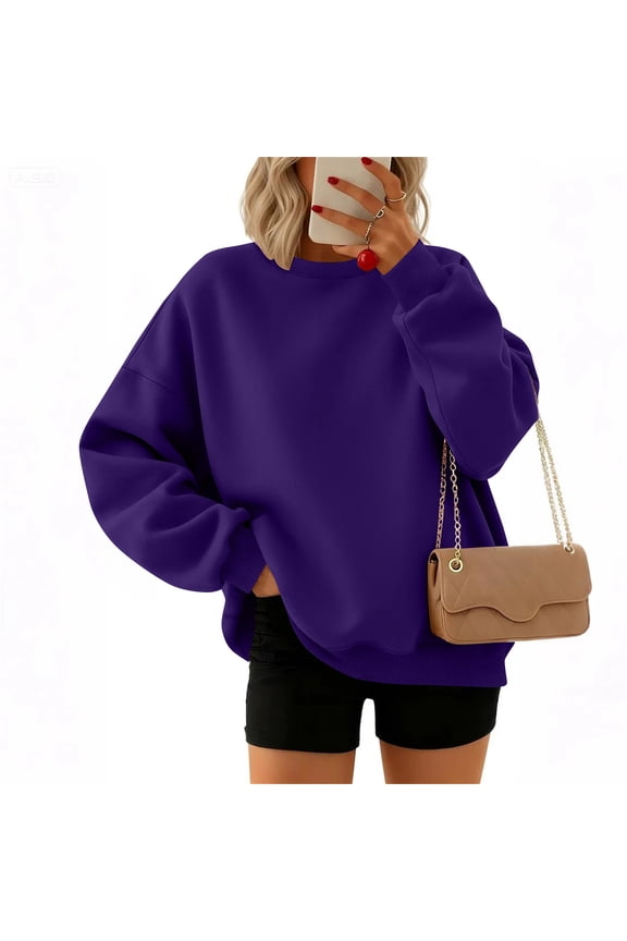 Womens Crew Neck Oversized Sweatshirts Dressy Casual Drop Shoulder Pullover Tunics Fall Long Sleeve Sweatshirt with Pockets Solid Color Outfits,Dark Purple L