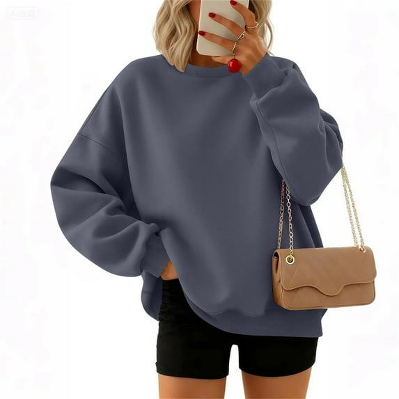Xyxonk Womens Crew Neck Oversized Sweatshirts Lightweight Drop Shoulder Pullover Tunics Fall Winter Long Sleeve Sweatshirt with Pocket Solid Color Outfit,Dark Gray XL