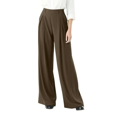 Xyxonk Womens Wide Leg Stretchy Work Pants 2025 Trendy High Waist Palazzo Pants Casual Long Straight Business Work Trousers with Pockets Brown 3XL