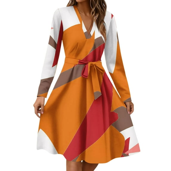 Xyxonk Work Dresses for Women 2025 Trendy Long Sleeve Teacher Dress Winter Tie Waist A-Line Dress Casual V-Neck Floral Print Dresses Saffron M