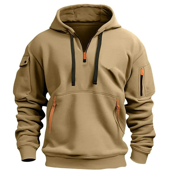 Xyxonk Zip Up Hoodie Men Big and Tall Quarter Zip Up Hoodies with Pockets Casual Multiple Zippers Basic Sweatshirt Workout Warm Drawstring 4X-5X Pullover,Khaki 5XL