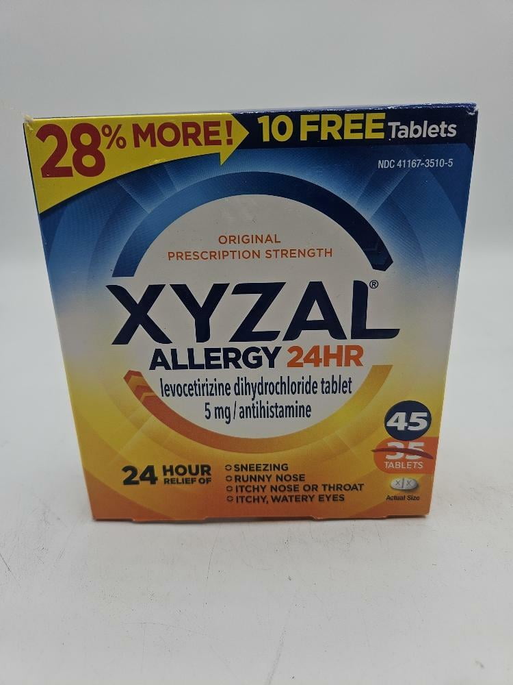 Xyzal 24 Hour Antihistamine Medicine Tablets for Adult Allergy Relief, Levocetirizine, 5 mg,  (35 + 10 Bonus Pack) 45 Tablets