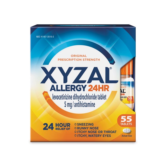 Xyzal 24 Hour Antihistamine Medicine Tablets for Adult Allergy Relief, Levocetirizine, 5 mg, 55 Pills